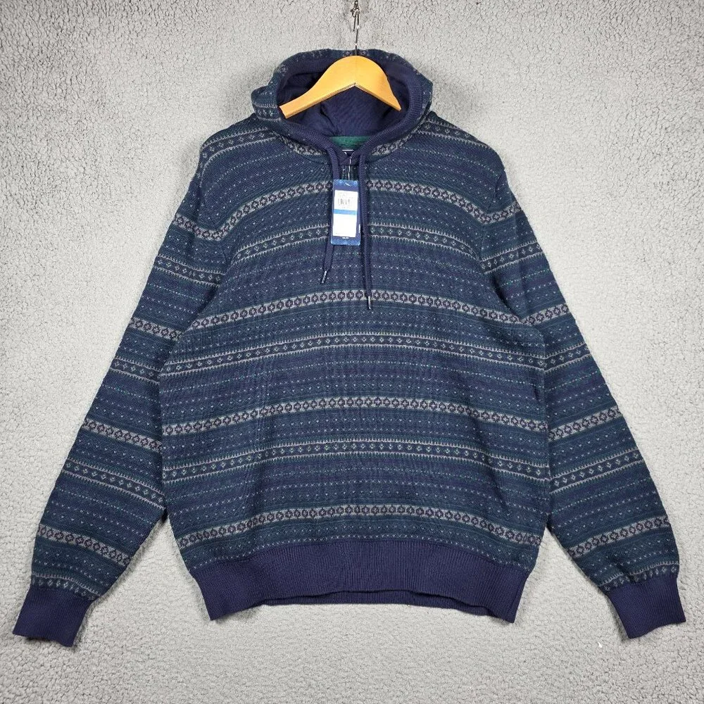 Izod Sweater Mens Size XL Navy Green Cable Knit‎ Fairisle Hoodie Classic Chunky